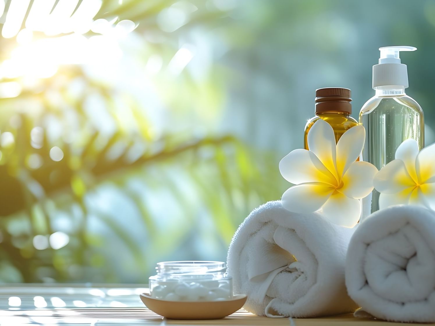 Spa essentials with towels and flowers on a sunlit backdrop at Las Olas Beach Resort