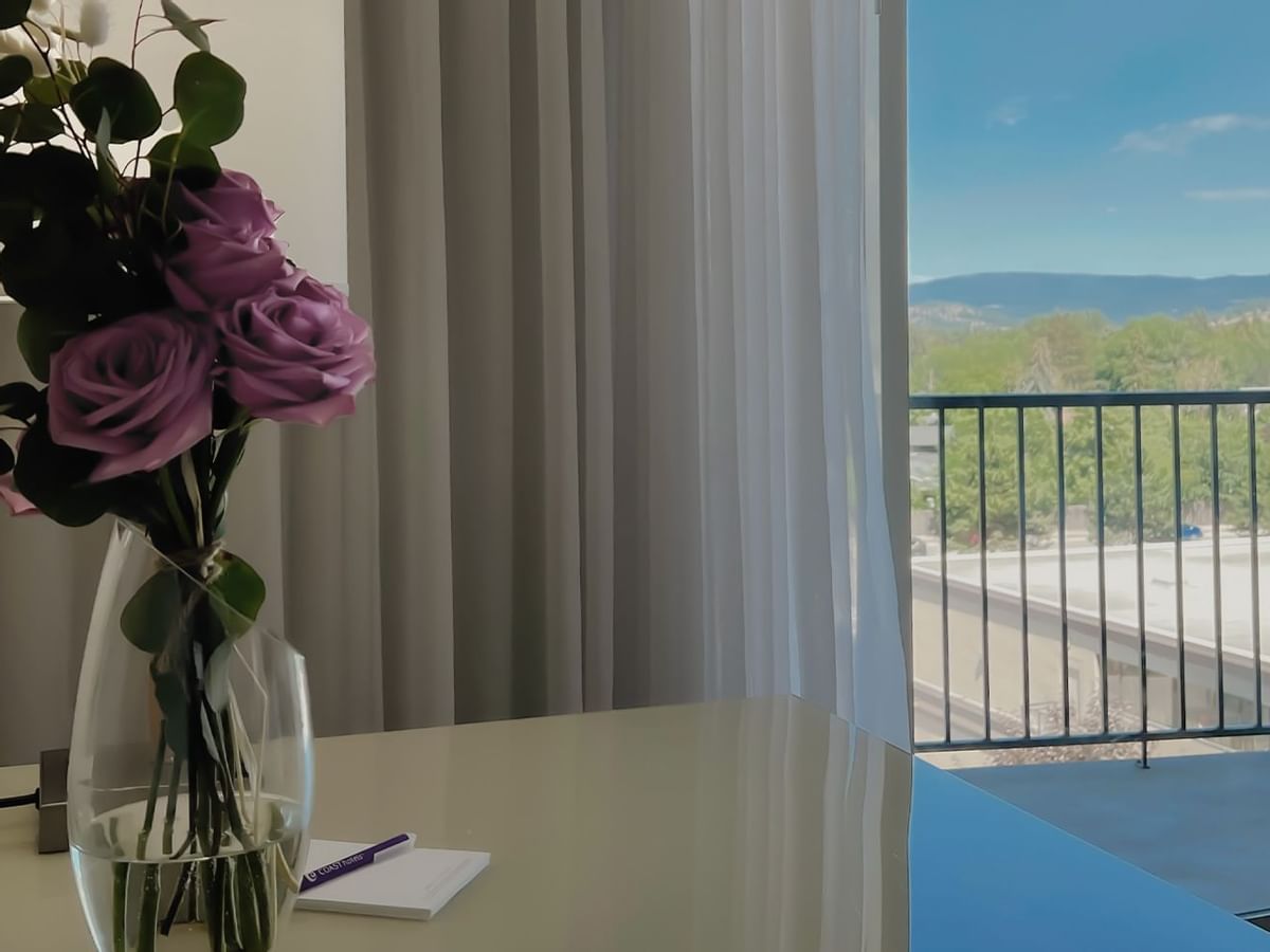 Vase of roses on counter top with balcony view in background