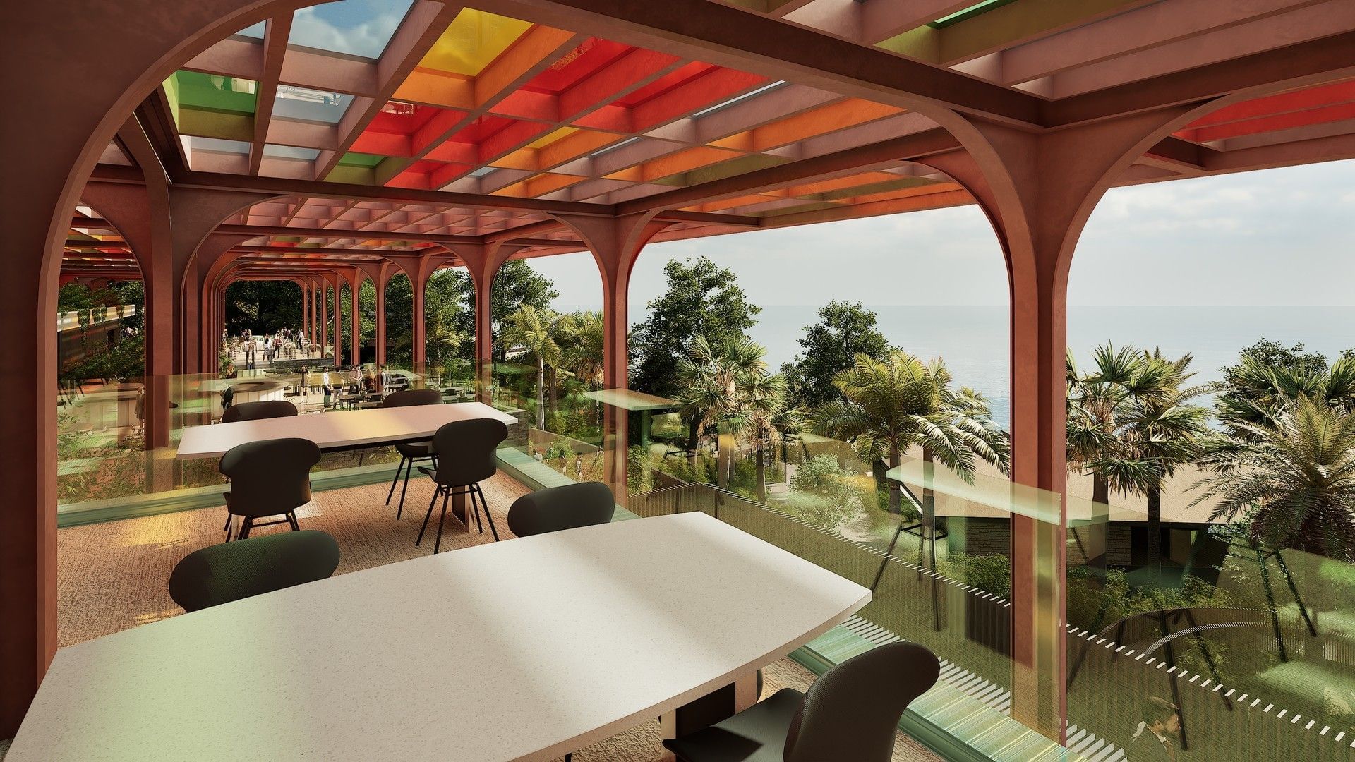 Colorful dining terrace with a vibrant canopy and a stunning ocean view at A'ila Resorts