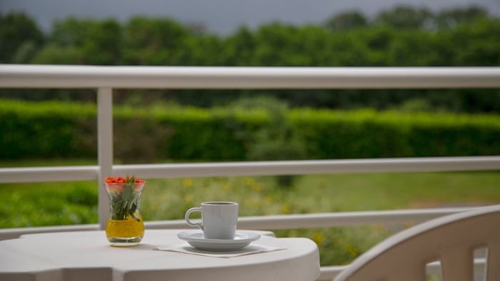 Closeup on a coffee table with garden view at Le Clos l'Orgerie