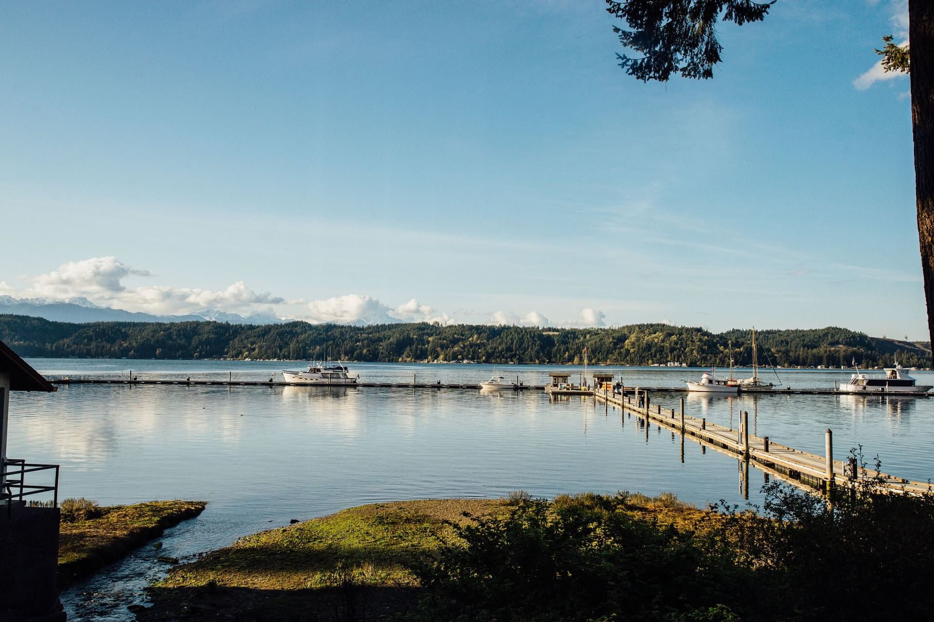 River view with mountain background at Alderbrook Resort & Spa