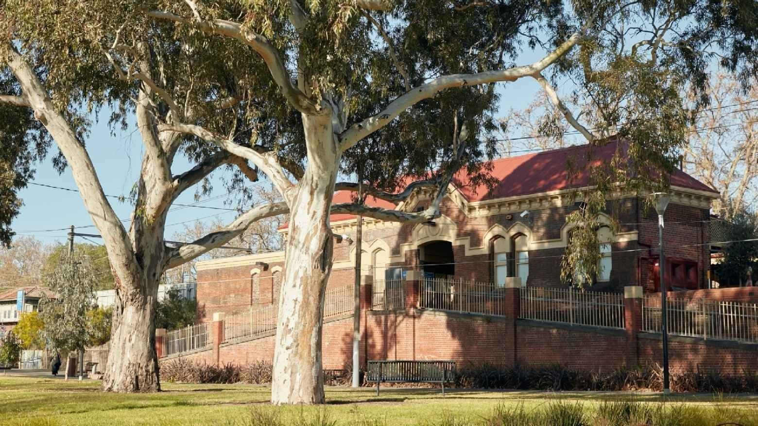 A serene park with trees in front of Kensington Train Station.