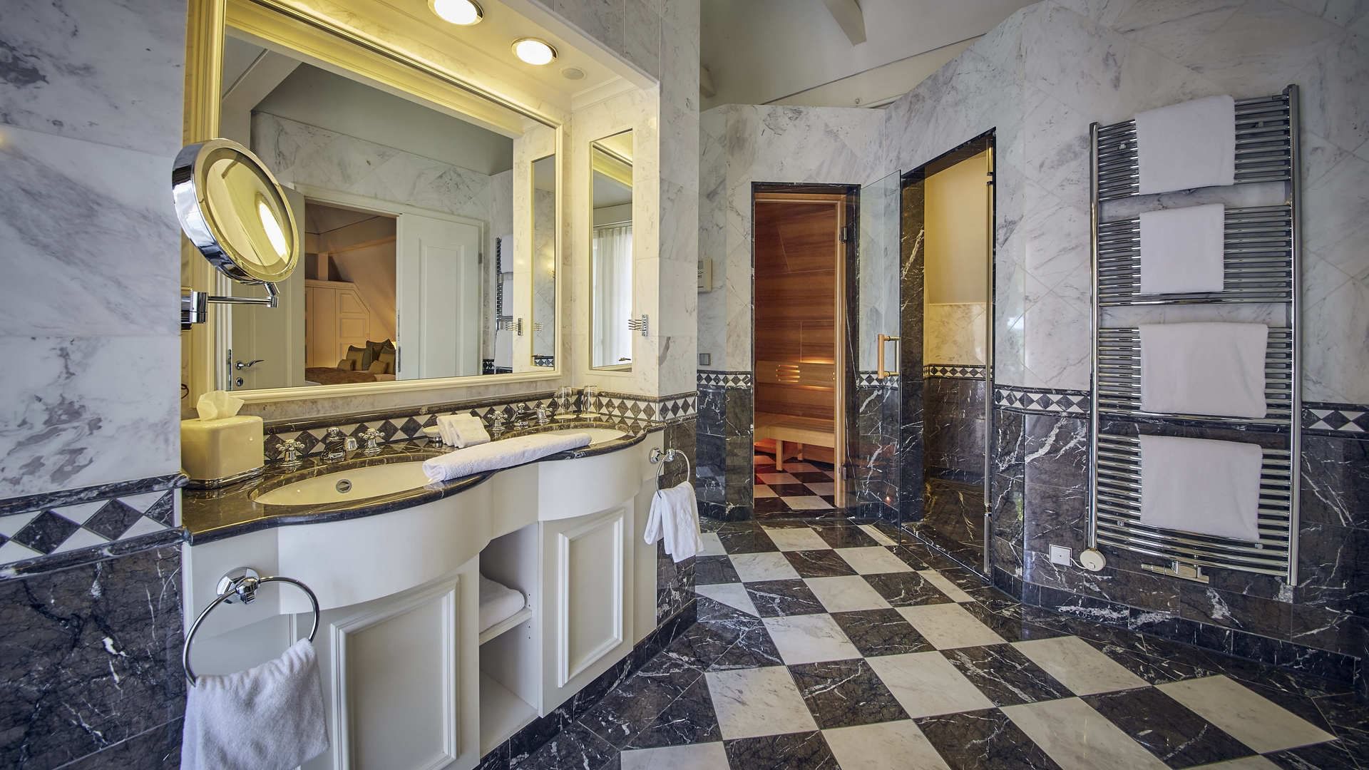 Bathroom vanity in Rosengarten Suite at Falkensteiner Hotels