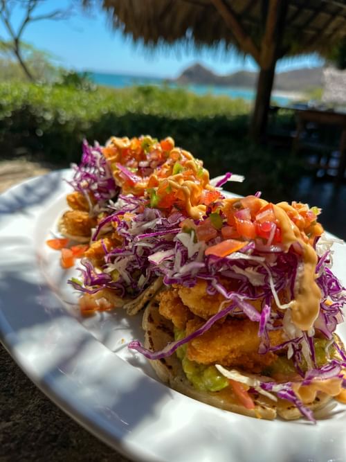 Fish tacos with purple cabbage and creamy sauce served at La Bastide Beach Restaurant in Morgan’s Rock Reserve & Ecolodge