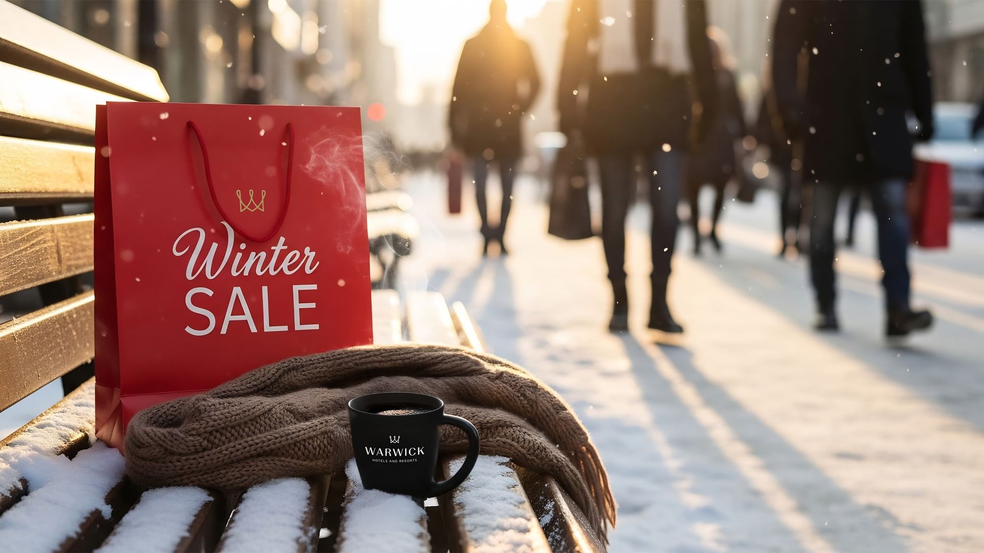 Winter Indulgence offer with a red bag and a coffee cup on a snowy bench.