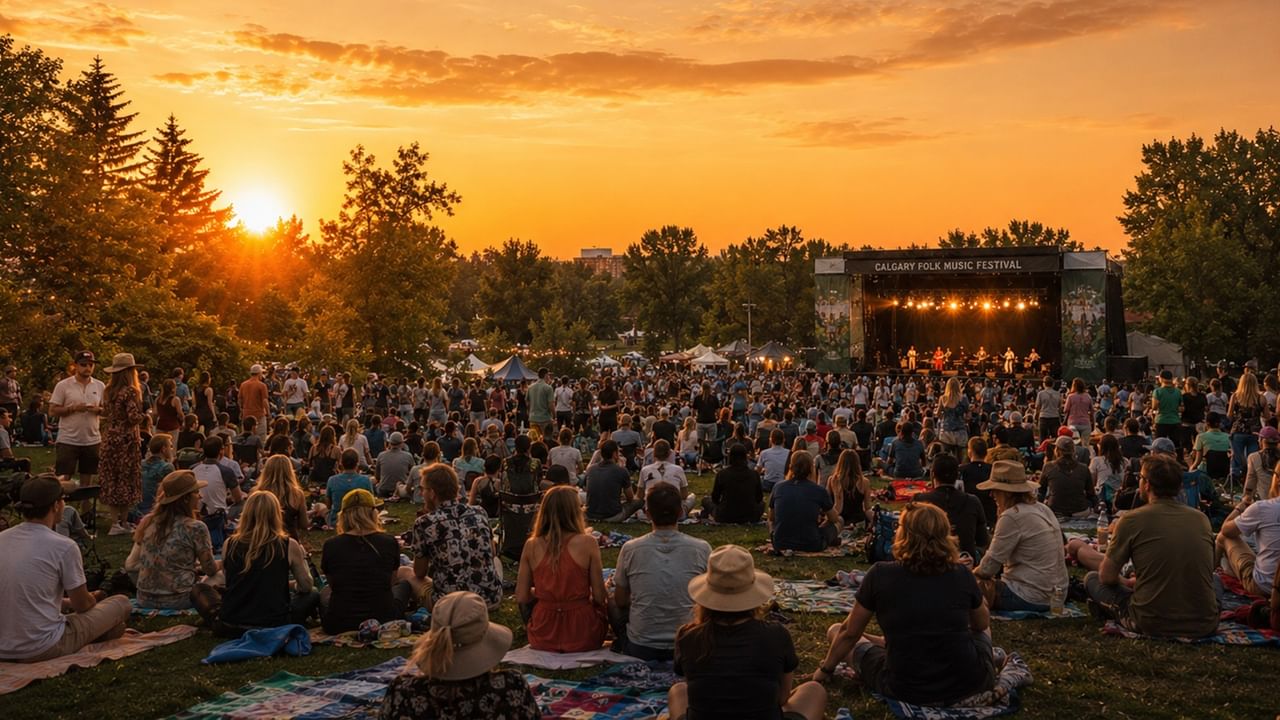 Large crowd gathered on grass watching outdoor stage performance at sunset during Calgary Folk Music Festival