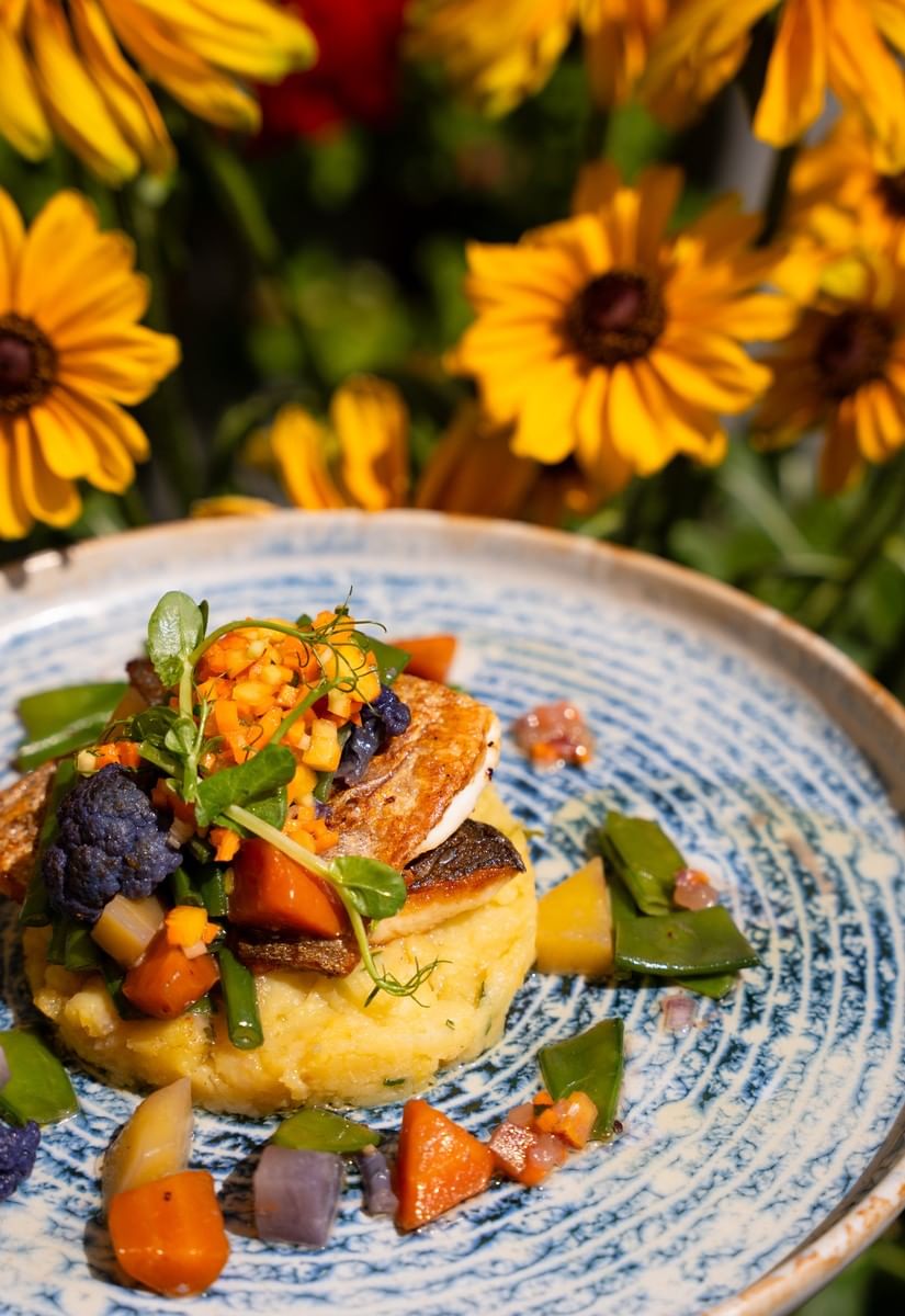 Filet de daurade, pommes de terre aux herbes et sauce vierge à la pêche