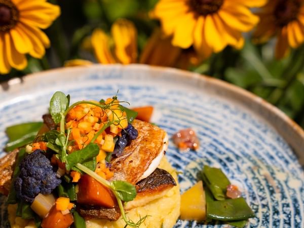 Sea bream fillet, herb potatoes and peach-infused vierge sauce 