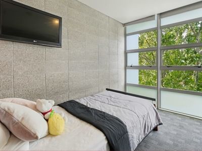 Comfortable bed with pillows and stuffed animals next to a large window at Student Living Auckland Beach.
