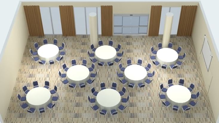 Illustration of Parklands Room with banquet set-up and patterned floor at Novotel Sydney Olympic Park