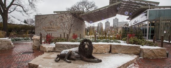 Lincoln Park Zoo with a lion statue near The Godfrey Chicago