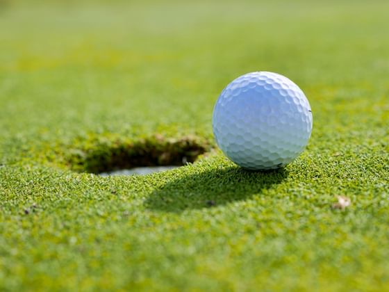 White golf ball resting beside the cup on a manicured green at the golf course near Maui Coast Hotel