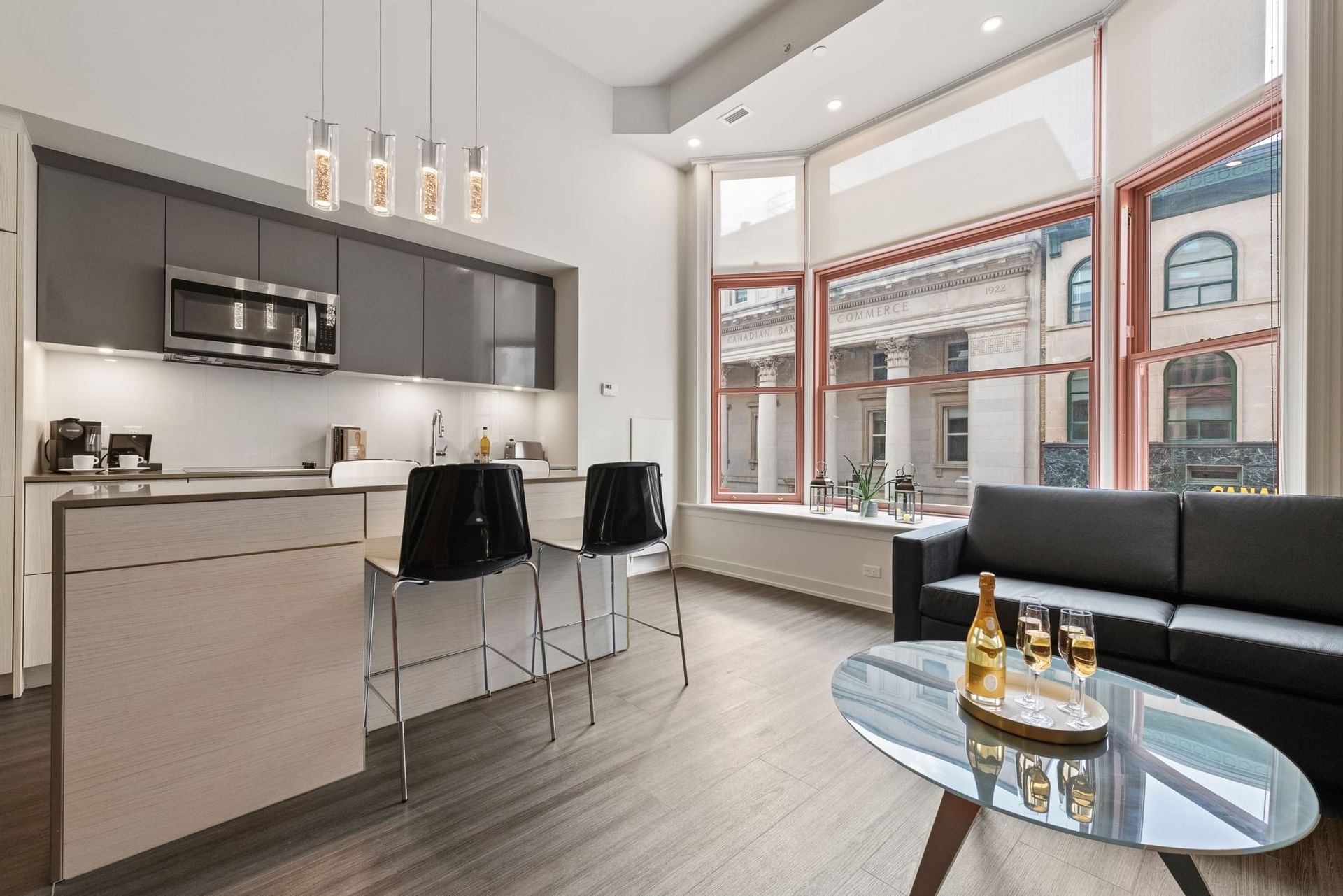 Kitchen and living area in Heritage suite at ReStays Ottawa