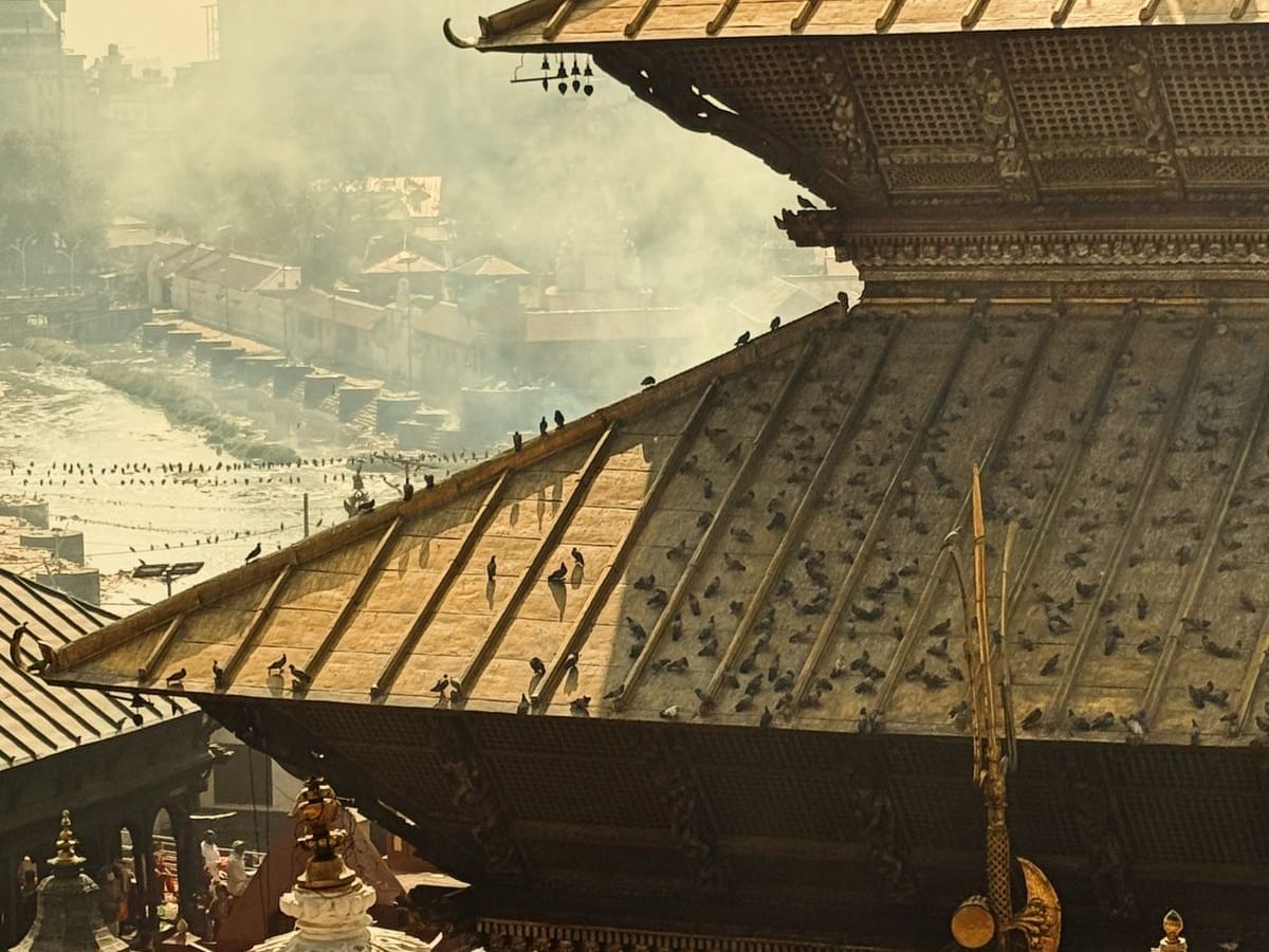 Pigeons perch on ornate temple rooftops, with a misty river backdrop near Dwarika's Hotel Kathmandu