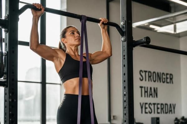 Woman using a resistance band to do an assisted pull up. 