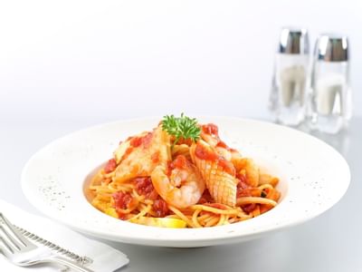 Plate of Seafood Spaghetti Marinara served at York Hotel Singapore