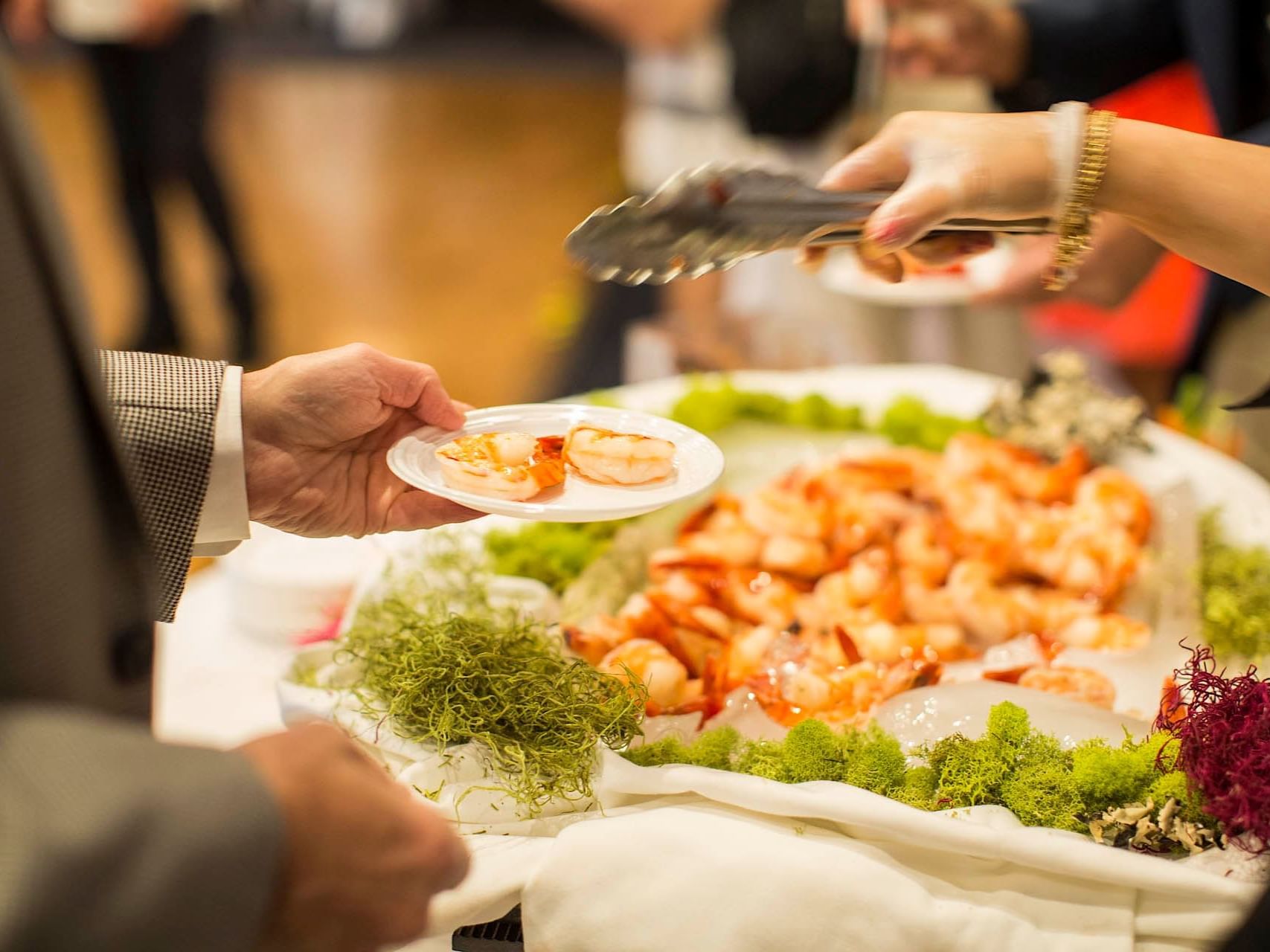 Close-up of served shrimp plate on table, Honor’s Haven Retreat