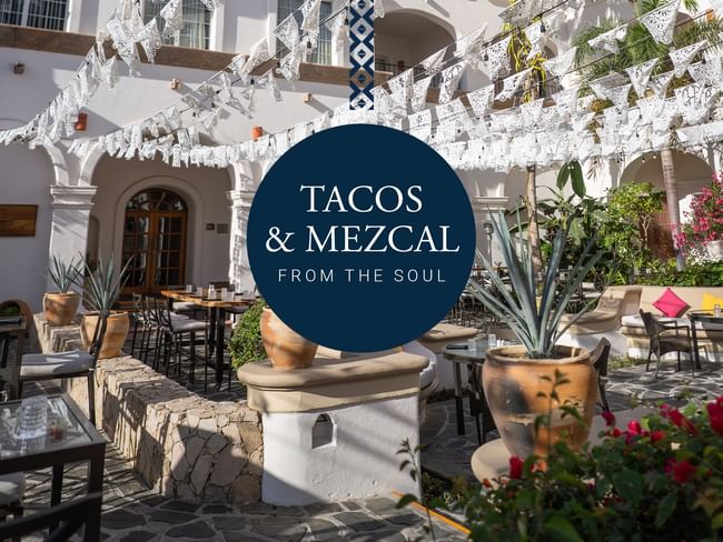 Patio decorado con jarrones y flores, mesas y sillas bajo luces, mostrando oferta de Tacos y Mezcales en Hacienda del Mar Los Cabos.