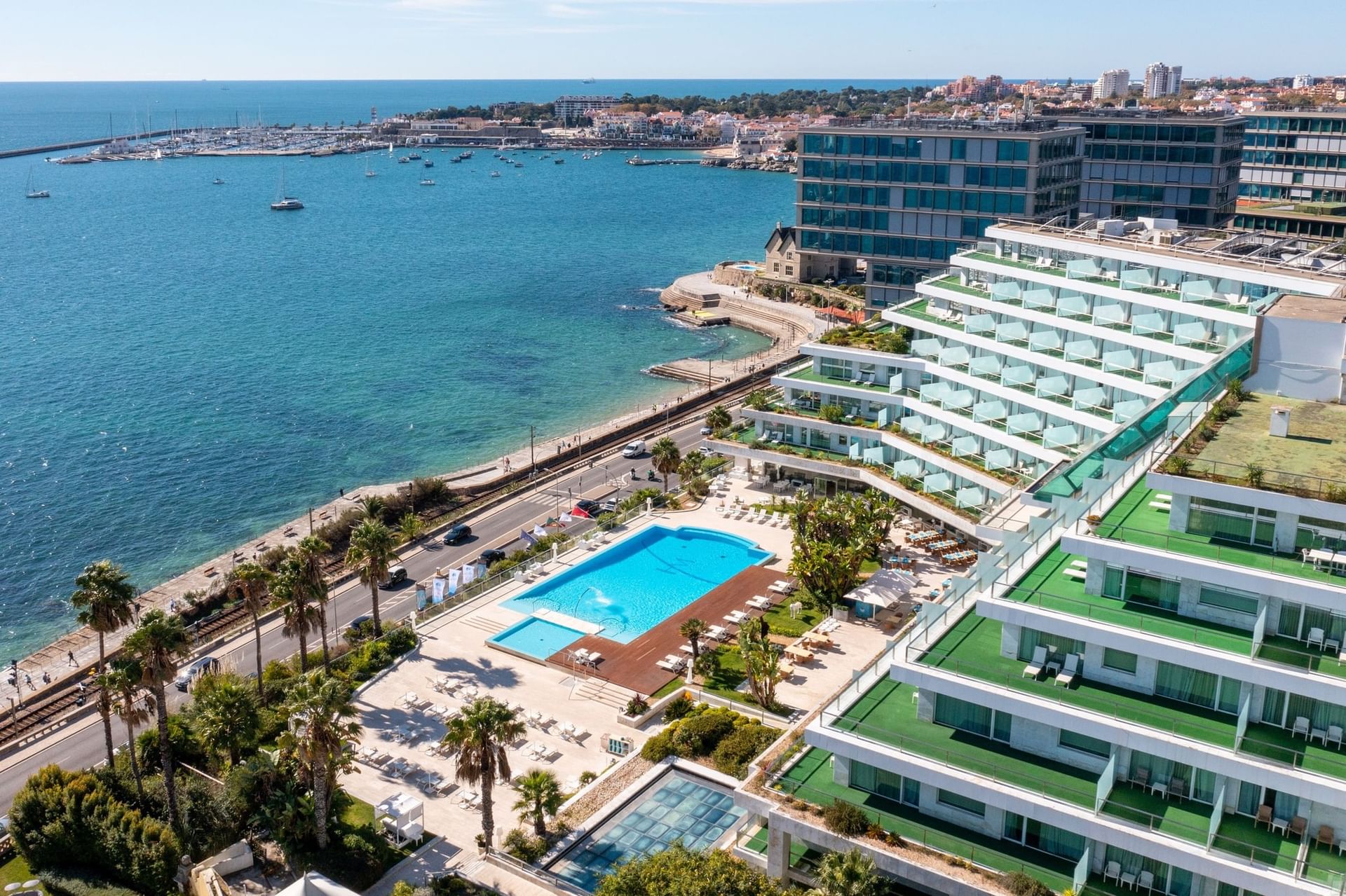 Hotel Cascais Miragem aerial view with pool and marina