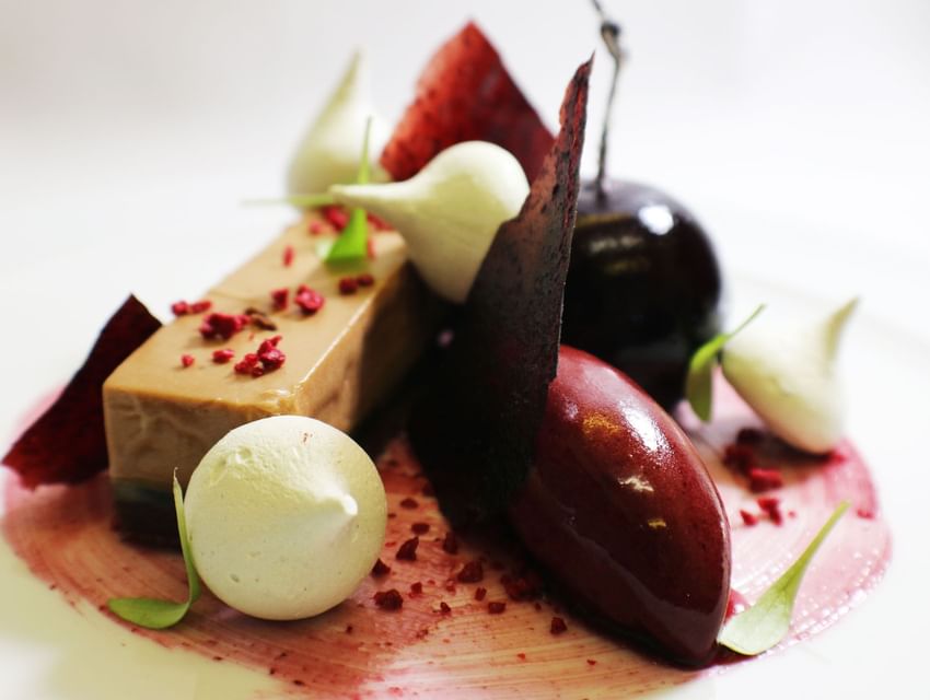 Dessert plate with chocolate, rich red sorbet, meringue drops, and fresh fruit served in Tudors Restaurant at Marygreen Manor