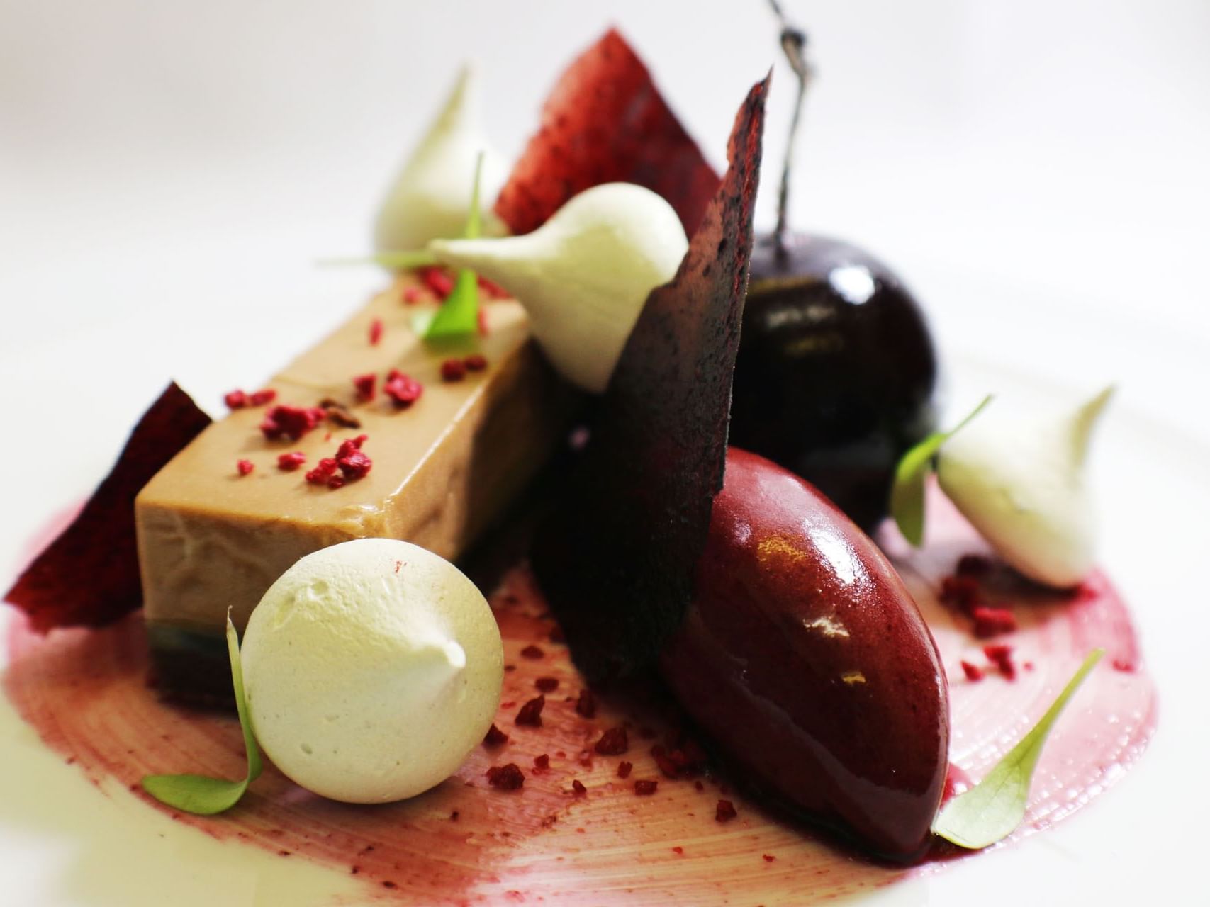 Exquisite milk chocolate mousse with fruit and meringue, beautifully plated at Tudors Restaurant, Marygreen Manor