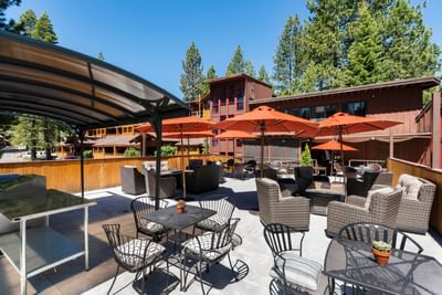 Outdoor dining area in Deck Cafe at Granlibakken Tahoe