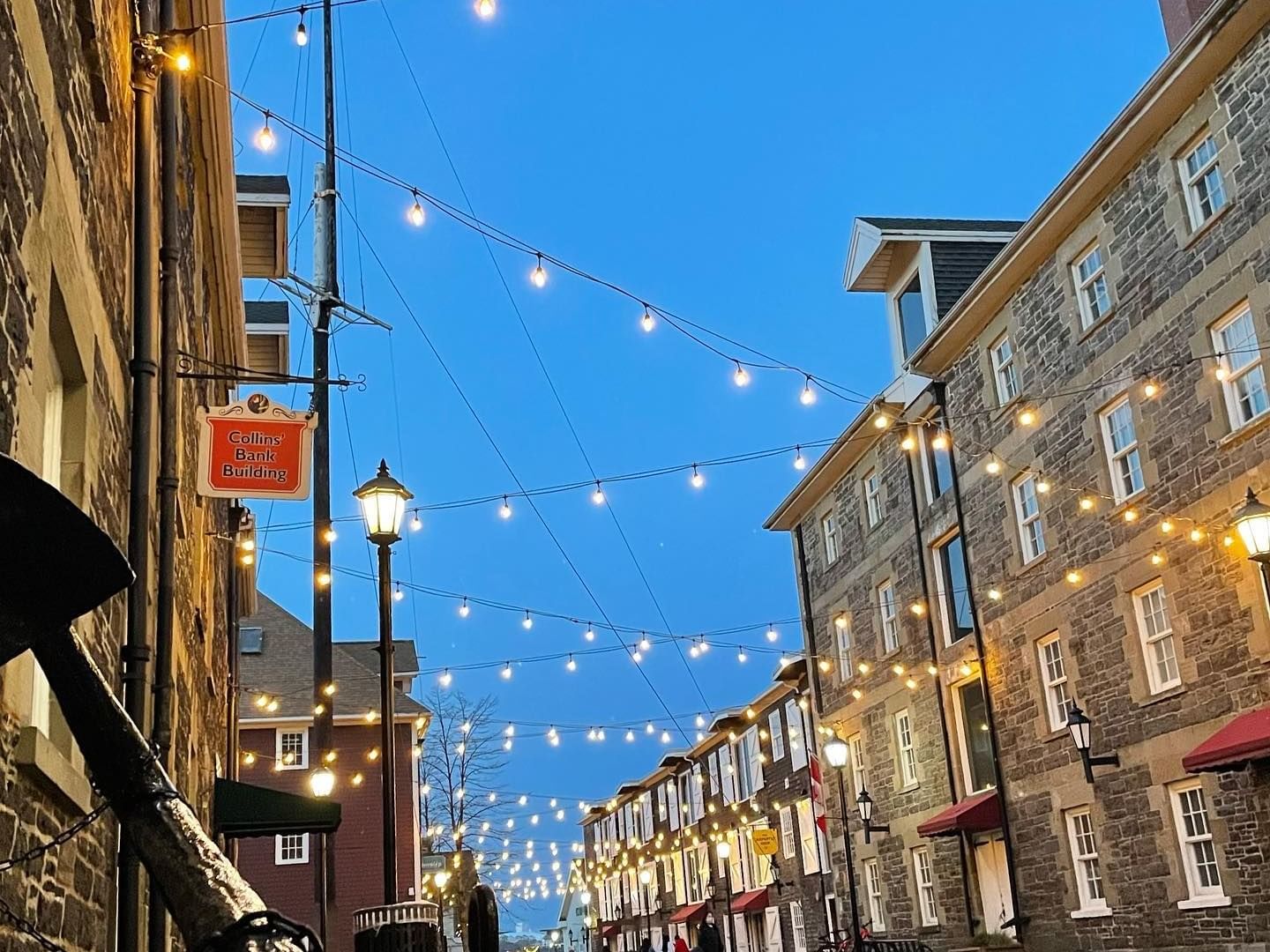 Streets decorated with lights near Hotel Halifax at night