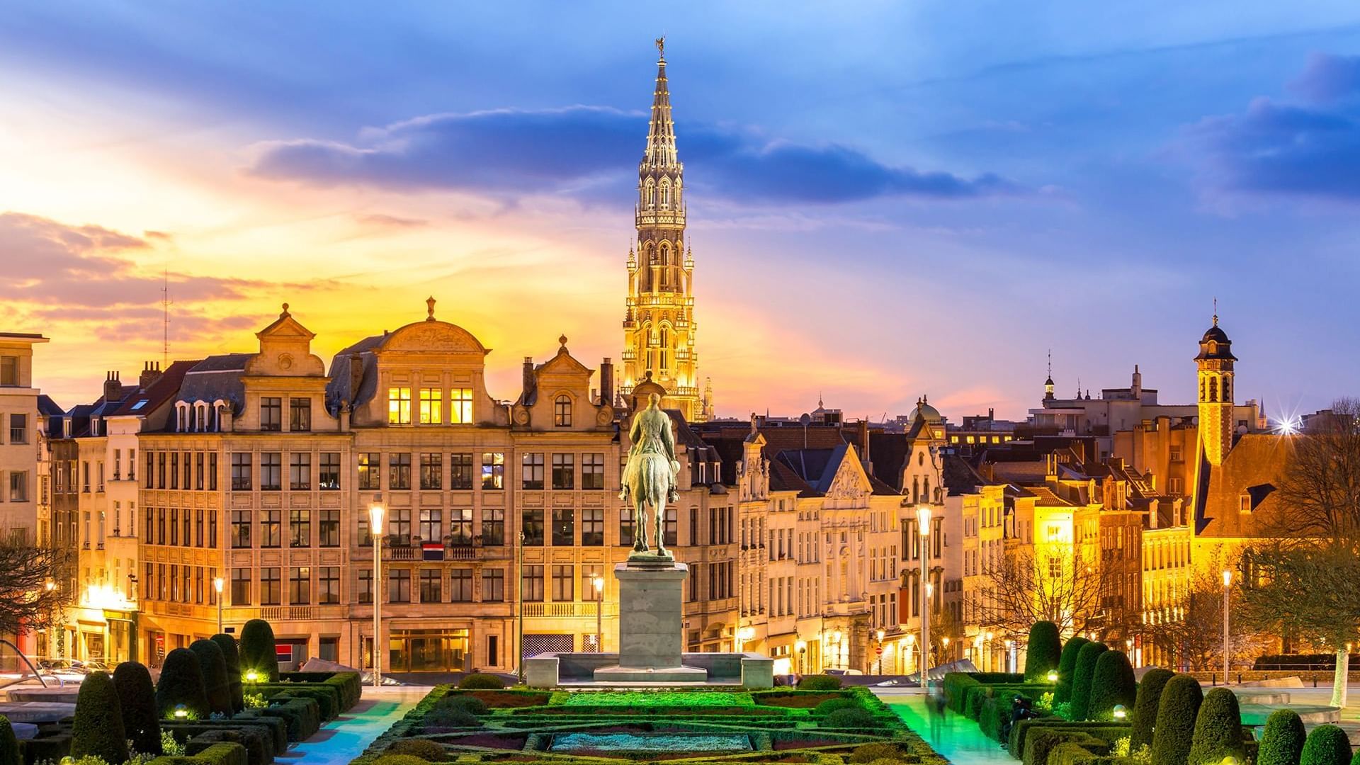 View of Brussels showcasing the Royal Palace gardens, and a statue of a horse rider near Warwick Hotels and Resorts