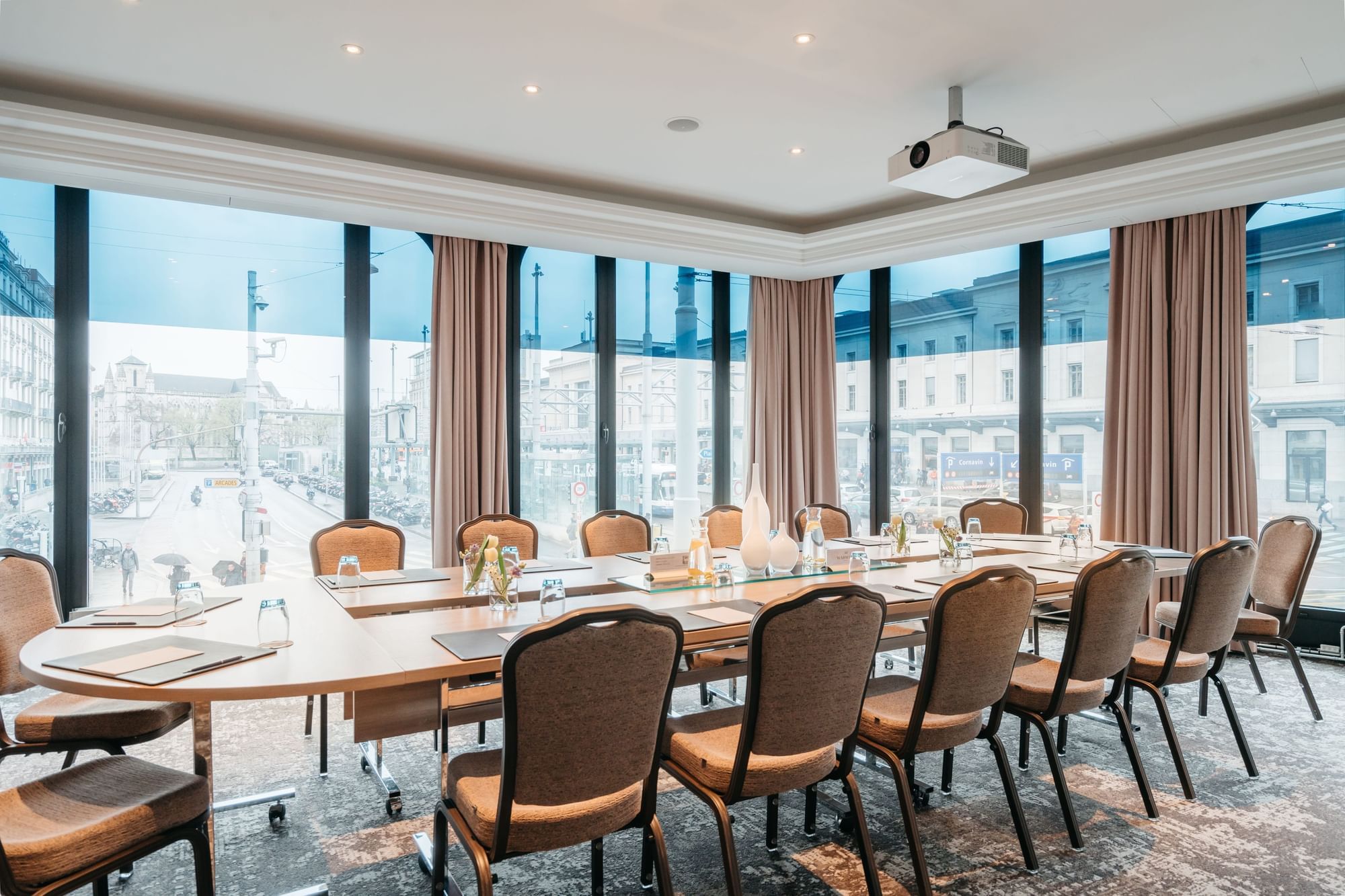 Conference table set up for a meeting arranged in Rigi at Warwick Geneva
