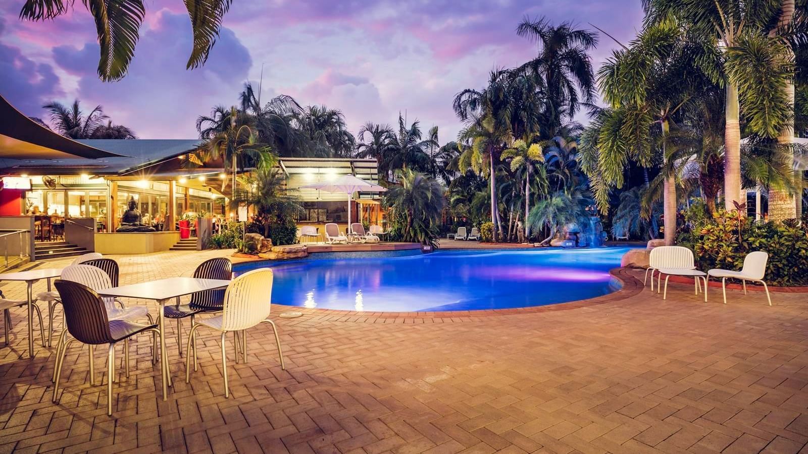 Exterior of the pool area at Novotel Darwin Airport at Night