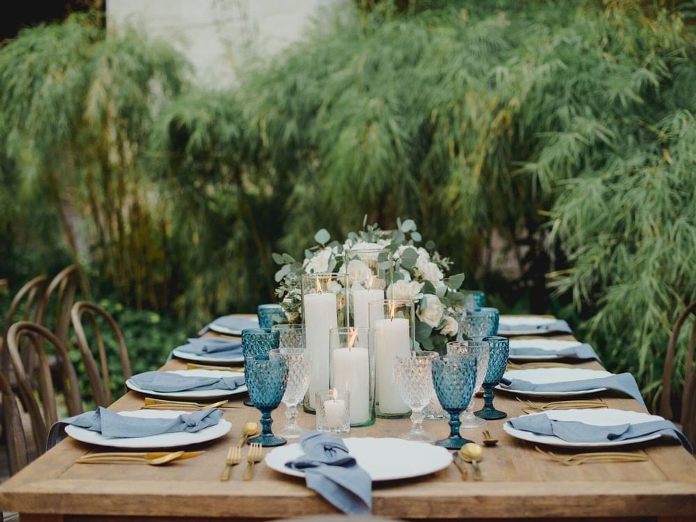 Trendy dusty blue wedding reception decorations - CV Linens