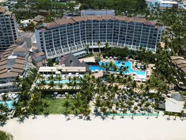 Aerial view of Puerto Vallarta with pool area at La Colección