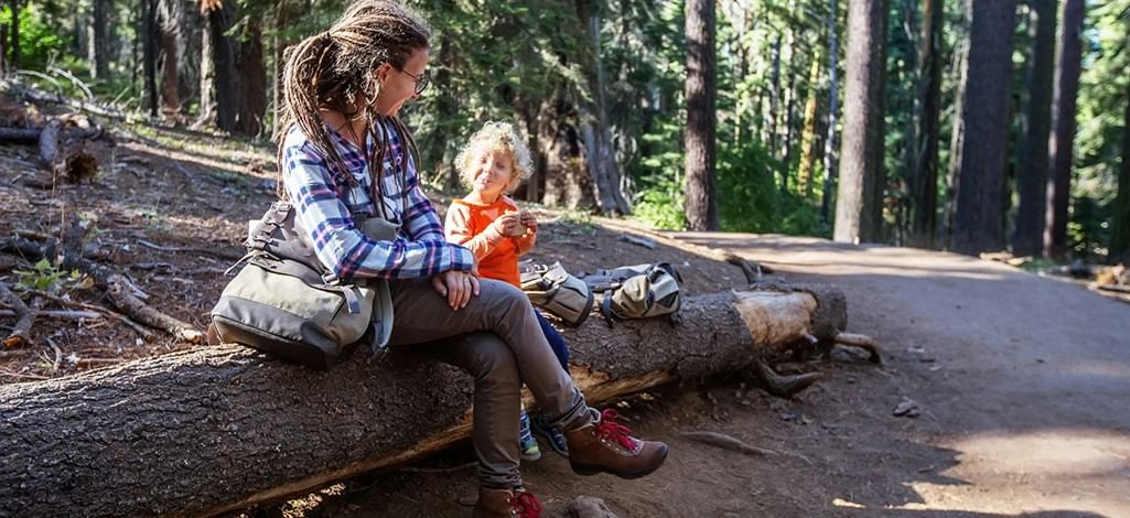 A parent sits and eats lunch with their child on a fallen tree during a short hike in Canmore.