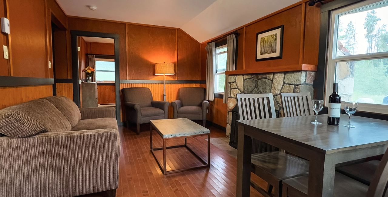 Sitting area, dining area, and fireplace