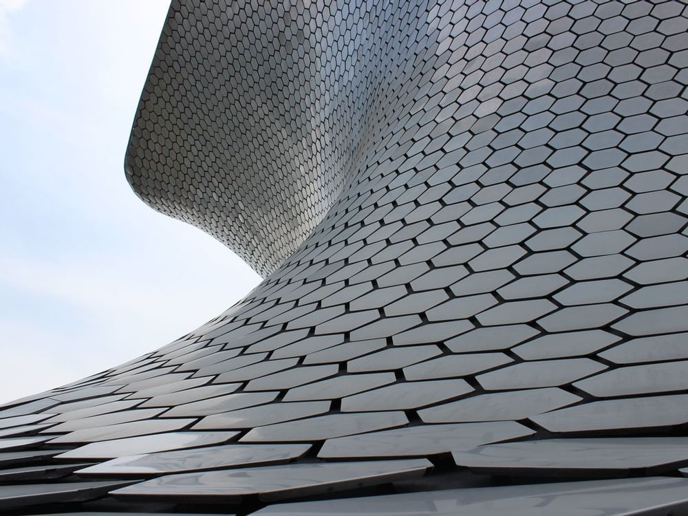 Close-up of Soumaya Museum building near La Colección Resorts