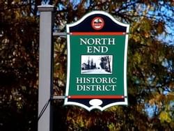 North End Historic District road sign board near Hotel 43