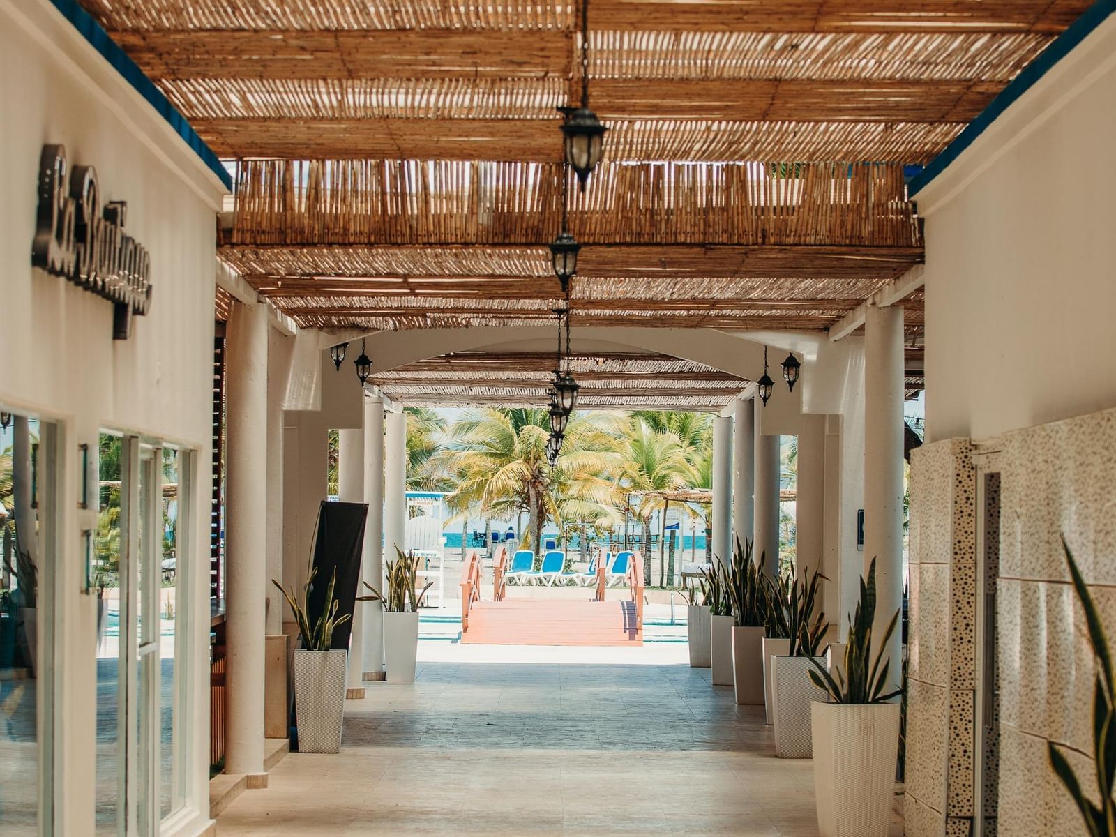 Bamboo-covered walkway at the Playa Blanca Resort that leads to the wet area.