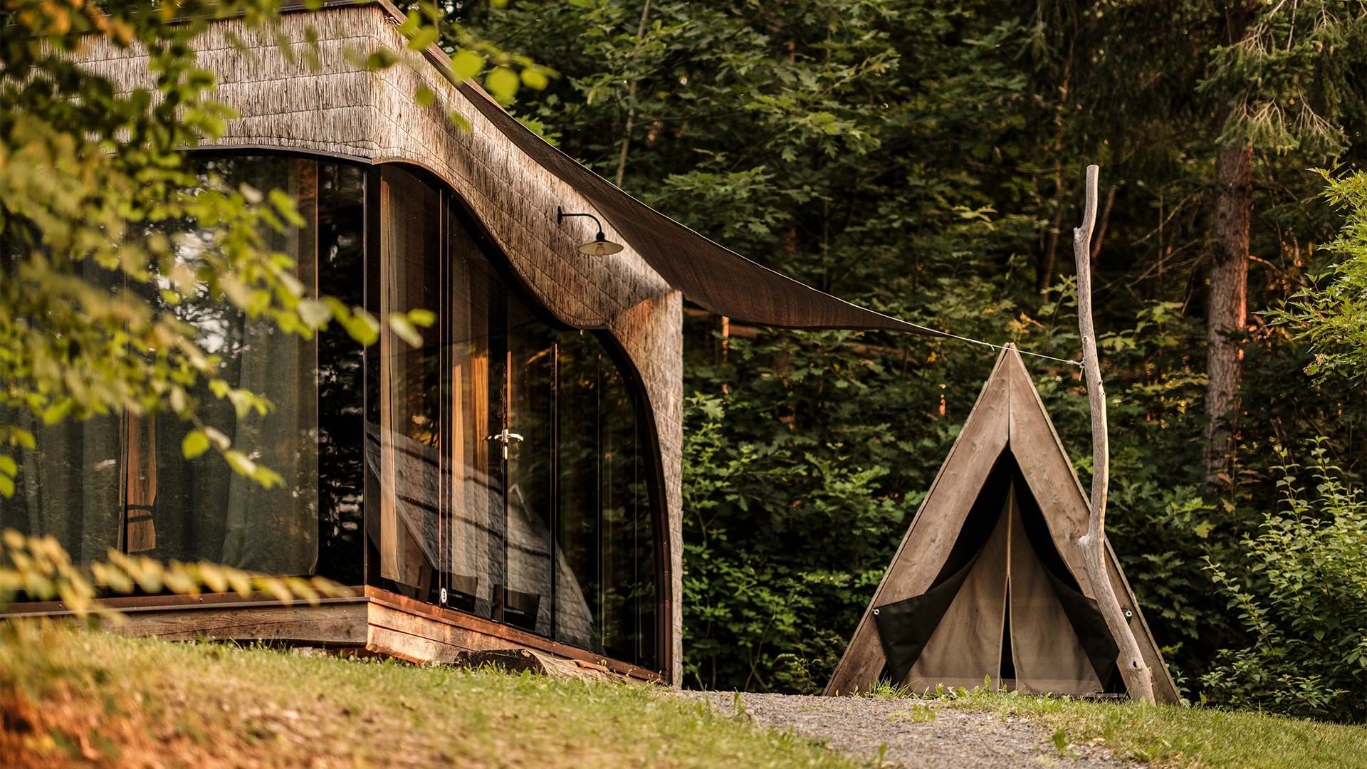 Wooden cabin with large windows and a small tent nearby, set in a lush forest environment.
