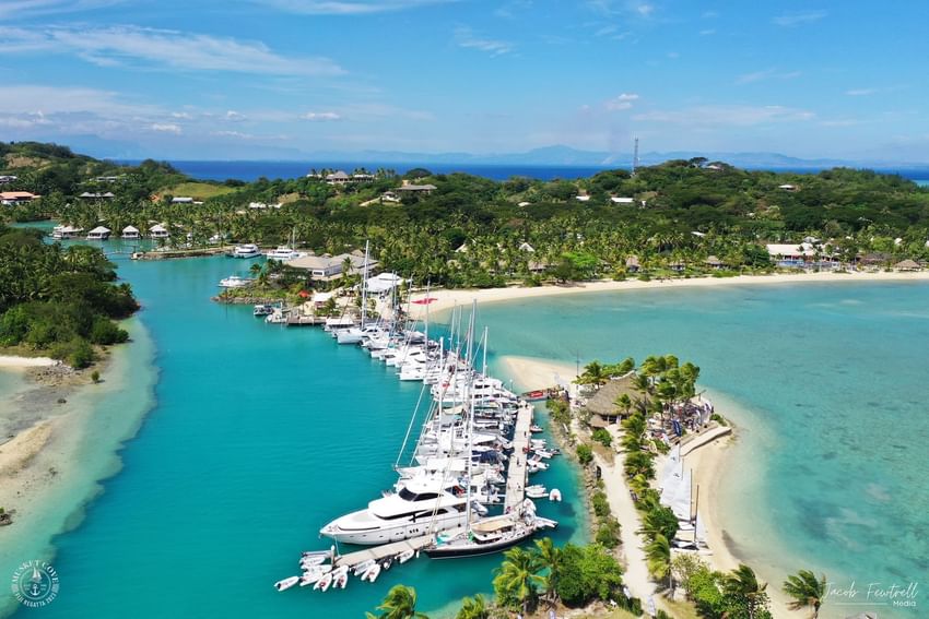 Distant view of the Yacht Club and sea near Musket Cove Island Resort & Marina