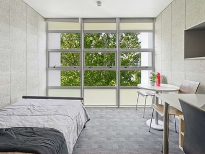 A tidy bedroom with bed, desk, chair, and large window at Student Living Auckland Beach.