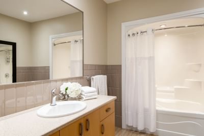 Bathroom with vanity & shower area in Apartment 301 at Retro Suites Hotel