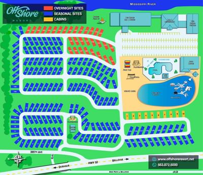 Detailed map of Off Shore Resort showing overnight and seasonal sites, cabins, and resort amenities