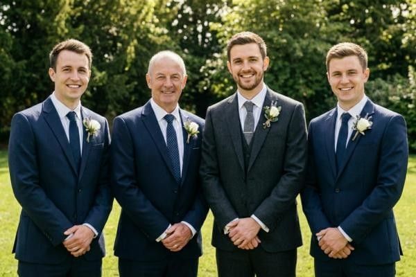 Groom, groomsmen, and father of the groom wearing buttonholes at wedding