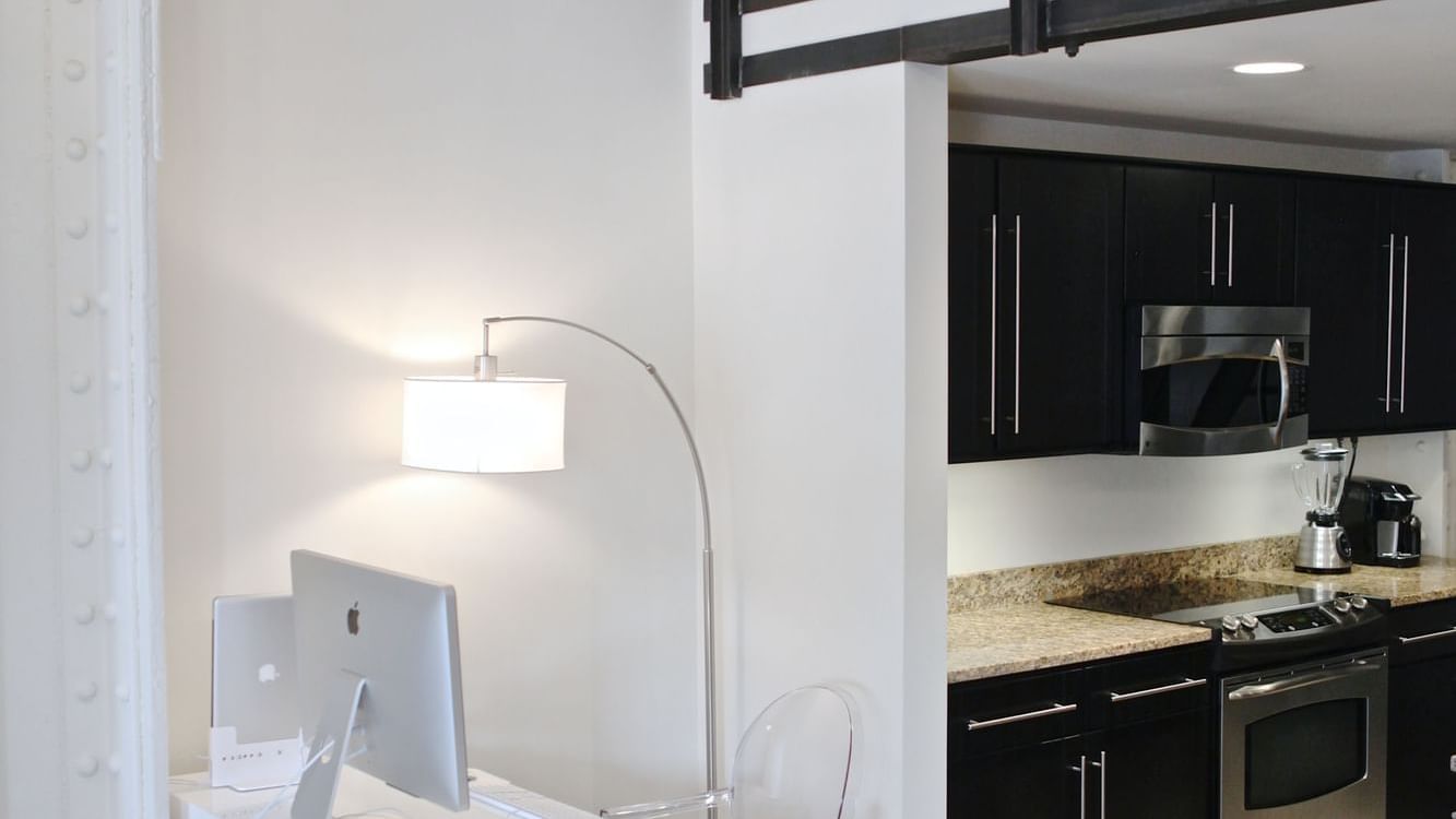 Working table near kitchen in Penthouse Unit S, The Mayo Hotel