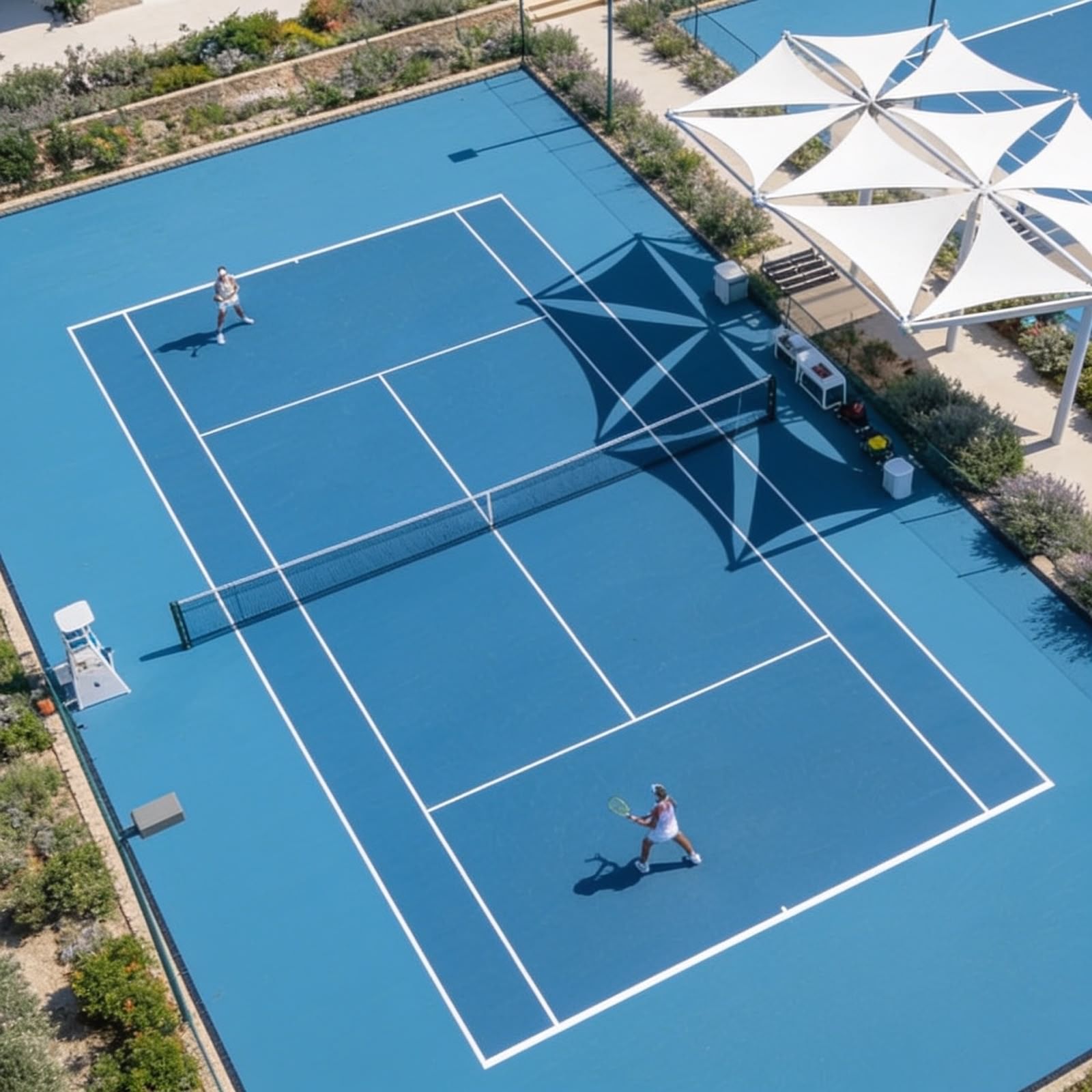 Two players rallying on a blue hard court beside white shade sails, seen from above