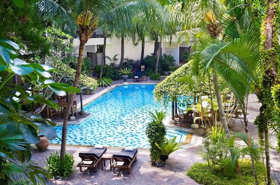 High angle view of the outdoor pool area at Goodwood Park Hotel