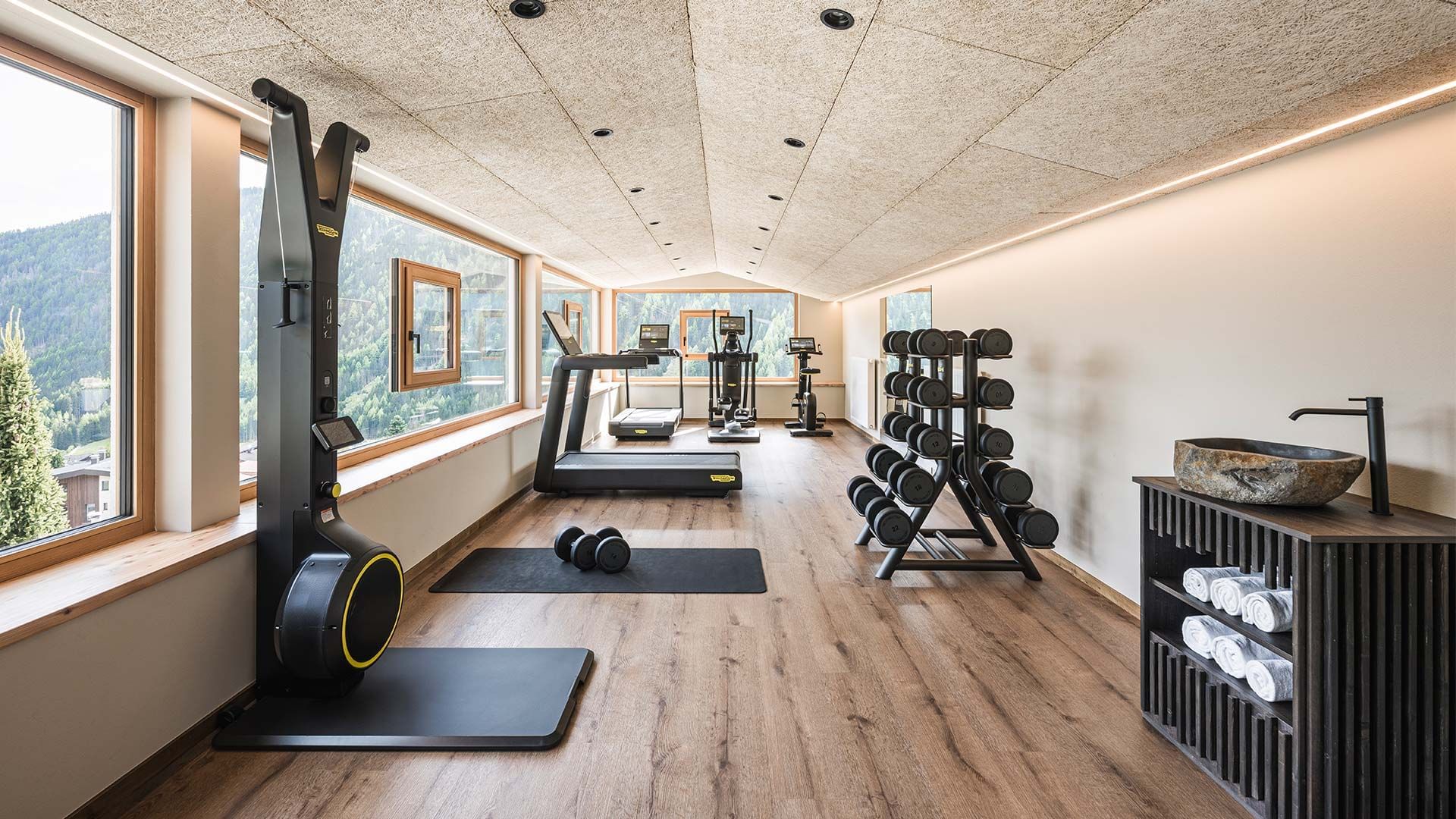 Palestra moderna con attrezzature da fitness, pesi, tapis roulant e vista sulle montagne.