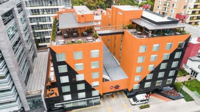 The exterior view of the hotel from the sky