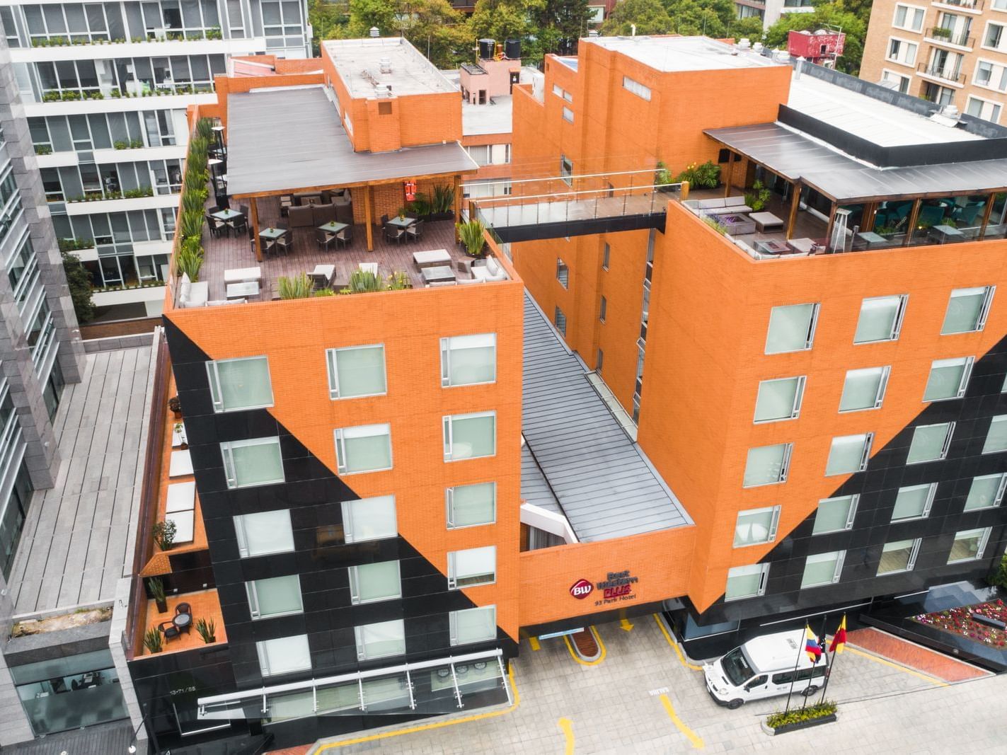 The exterior view of the hotel from the sky