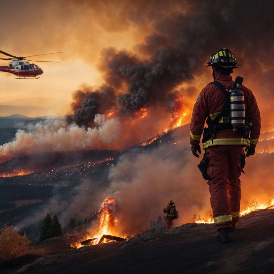 Fireman walking towards wildfire near Hotel Eldorado